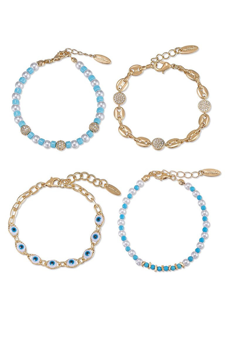 Turquoise and Pearl Protection Spell 18k Gold Plated Bracelet Set - 18k Gold Plated