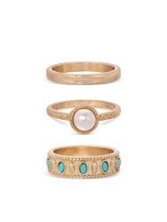 Turquoise and Pearl Worn 18k Gold Plated Ring Set - Gold