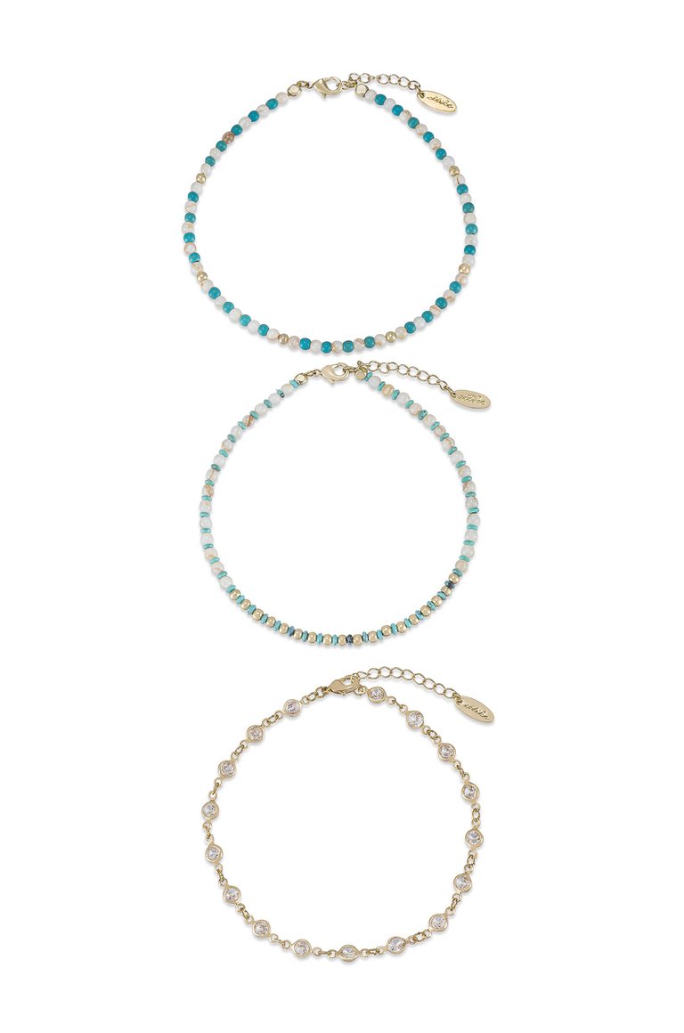 Turquoise Malibu Breeze 18k Gold Plated Anklet Trio - Turquoise