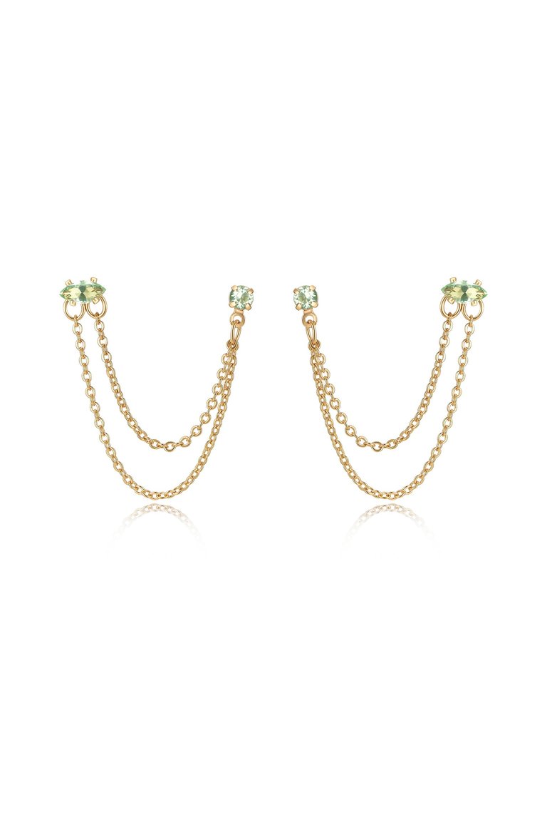 Two Hole Piercing Chain Dangle Earrings - Apple Green Crystals