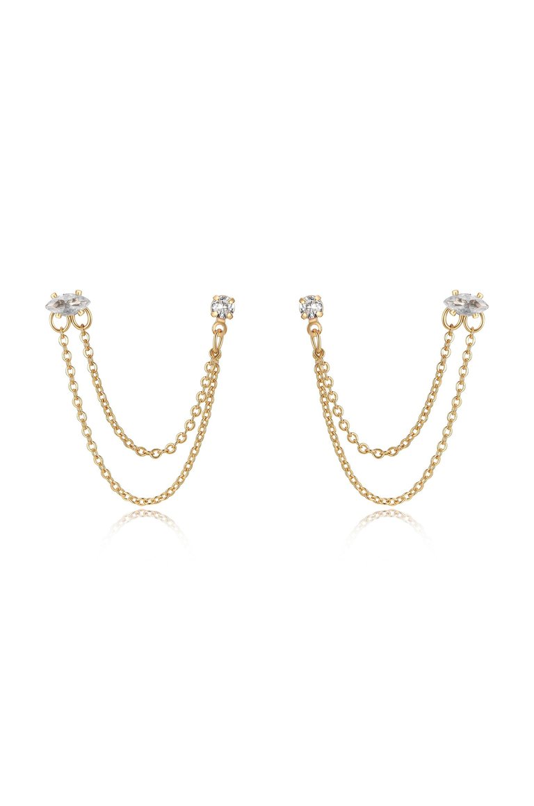 Two Hole Piercing Chain Dangle Earrings - Clear & Gold