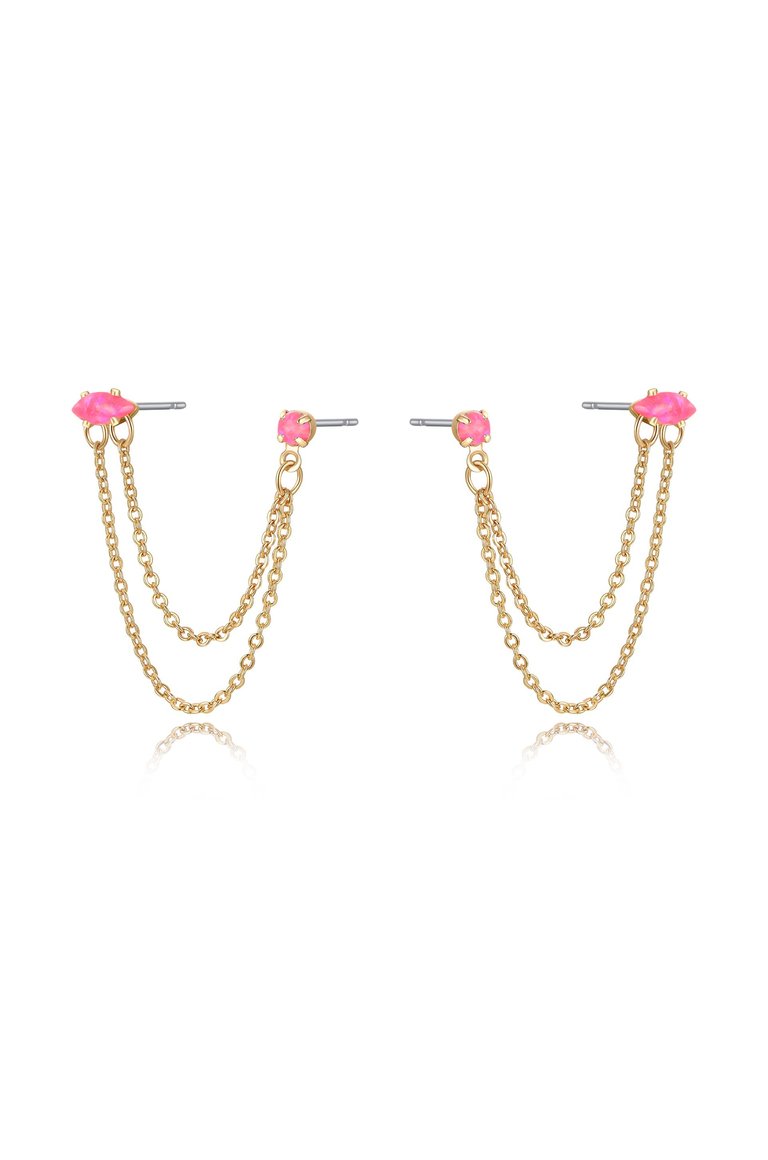 Two Hole Piercing Chain Dangle Earrings - Pink Opal