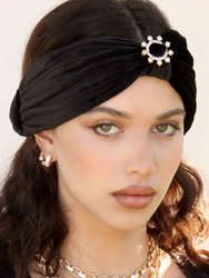 Velvet Headband with Crystal Ring in Black