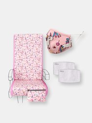 Airplane Travel Set in Unicorn Party - Seat Cover, Kids Mask & 2 Filters - Pink