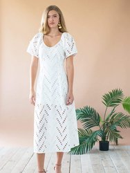 Sue Ellen Lantern Sleeve Midi Dress - White Nights Geo Cutwork Lace