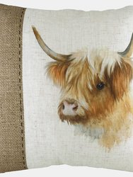 Evans Lichfield Hessian Highland Cow Cushion Cover (White/Brown/Orange) (One Size) - White/Brown/Orange