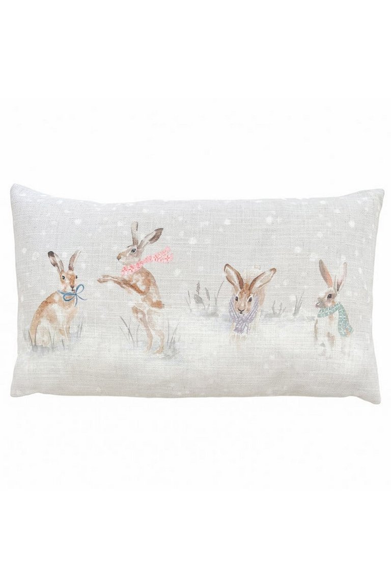 Snowy Hares Christmas Throw Pillow Cover - Off White/Brown