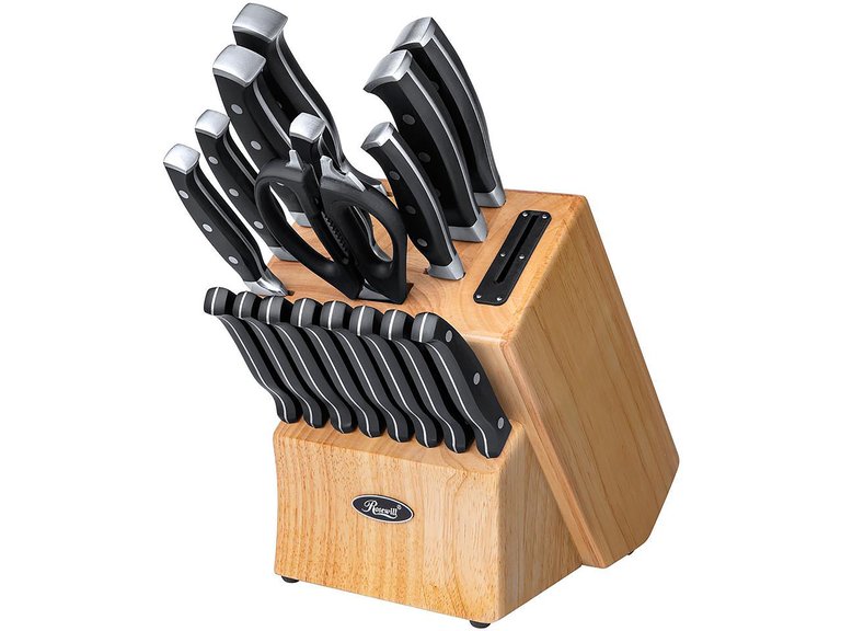 18-Piece Black Stainless Steel Professional Cutlery Kitchen Knife Set With Shears, Triple Riveted Handles, Wood Block, Built-In Sharpener - Black