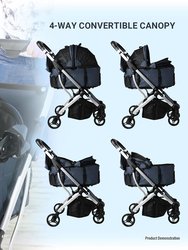 3-in-1 Navy Waterproof Pet Stroller with Removable Carrier, 6 Pocket Organizer & Basket, One-Hand Fold