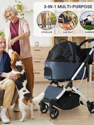 3-in-1 Navy Waterproof Pet Stroller with Removable Carrier, 6 Pocket Organizer & Basket, One-Hand Fold