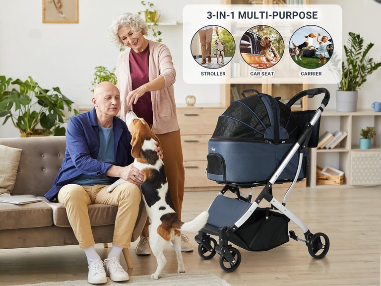 3-in-1 Navy Waterproof Pet Stroller with Removable Carrier, 6 Pocket Organizer & Basket, One-Hand Fold