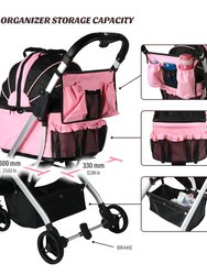 3-in-1 Pink Waterproof Pet Stroller with Removable Carrier, 6 Pocket Organizer & Basket, One-Hand Fold