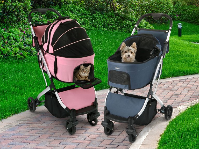 3-in-1 Pink Waterproof Pet Stroller with Removable Carrier, 6 Pocket Organizer & Basket, One-Hand Fold