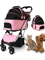 3-in-1 Pink Waterproof Pet Stroller with Removable Carrier, 6 Pocket Organizer & Basket, One-Hand Fold - Pink