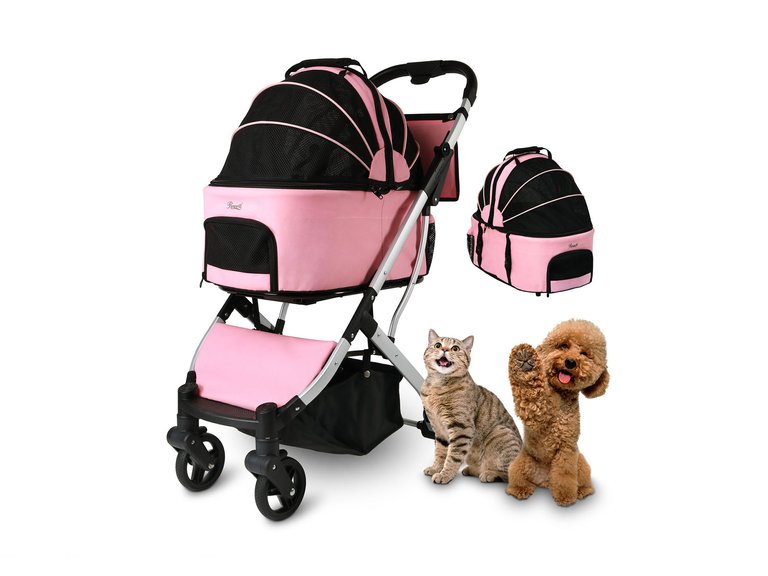 3-in-1 Pink Waterproof Pet Stroller with Removable Carrier, 6 Pocket Organizer & Basket, One-Hand Fold - Pink