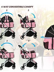 3-in-1 Pink Waterproof Pet Stroller with Removable Carrier, 6 Pocket Organizer & Basket, One-Hand Fold