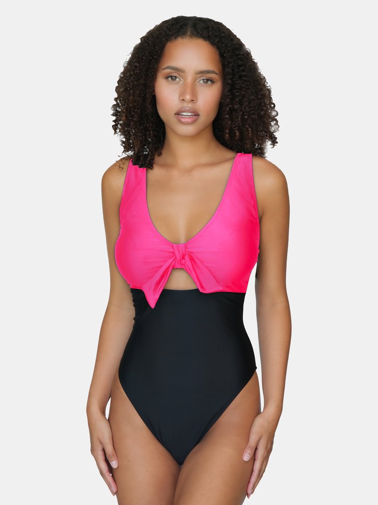 Bow Tied V-Neck Plunge One-Piece - Hot Pink