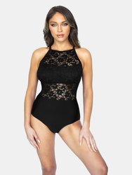 Hibiscus Lace High Neck One-Piece - Black