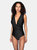 Ruched Front One-Piece Swimsuit with Tortoise Shell Buckle Belt - Black