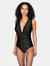 Ruched Front One-Piece Swimsuit with Tortoise Shell Buckle Belt - Black