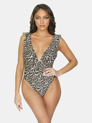 Ruffled V-Neck Front and Back One-Piece Swimsuit - Cheetah