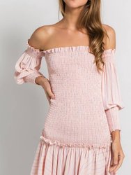 Stripe Off The Shoulder Shirred Mini Dress - Coral Striped