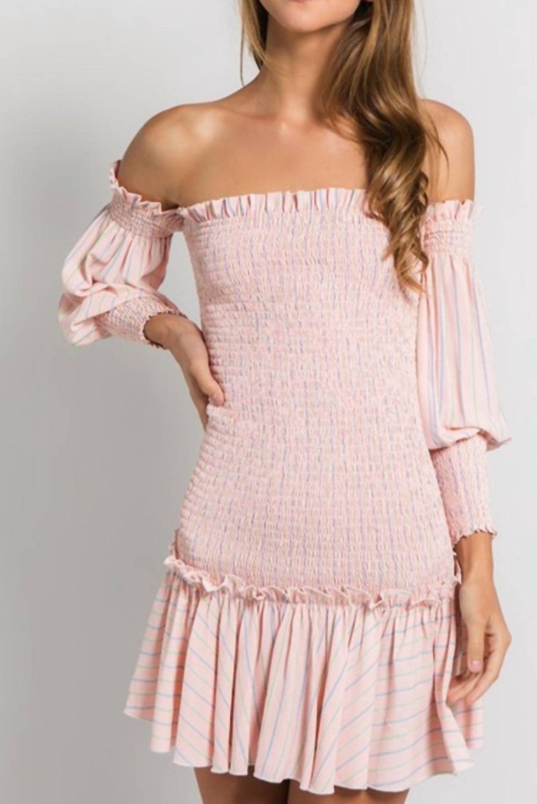 Stripe Off The Shoulder Shirred Mini Dress - Coral Striped