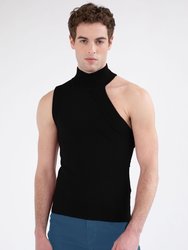 Asymmetrical Turtleneck Knit Tank - Black