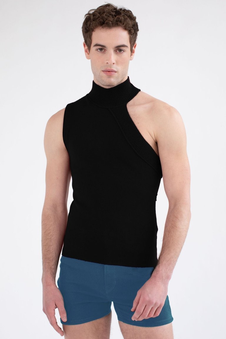 Asymmetrical Turtleneck Knit Tank - Black