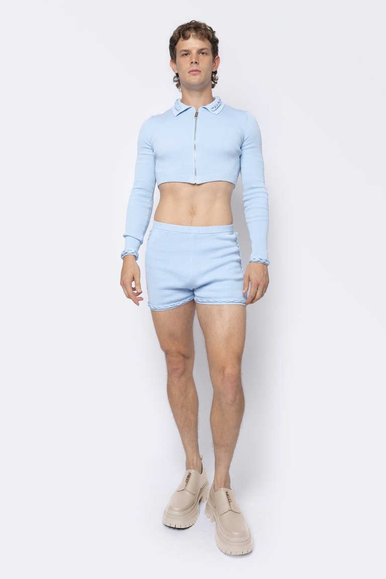 Chain Link Knitted Long Sleeve Crop Top - Baby Blue