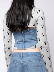 Jacquard Knit/ Denim Fang Long Sleeve Top