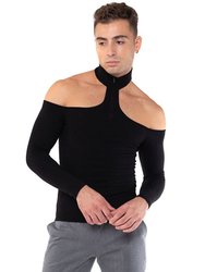 Long Sleeve Choker Neck Sweater with Zipper - Black