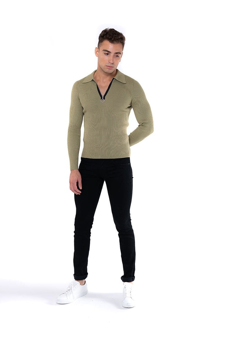 Long Sleeve Knitted Polo with Exposed Zipper