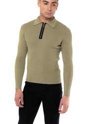 Long Sleeve Knitted Polo with Exposed Zipper - Olive