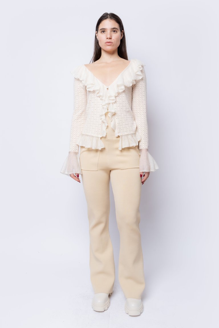 Pointelle Cardigan With Ruffles - Beige