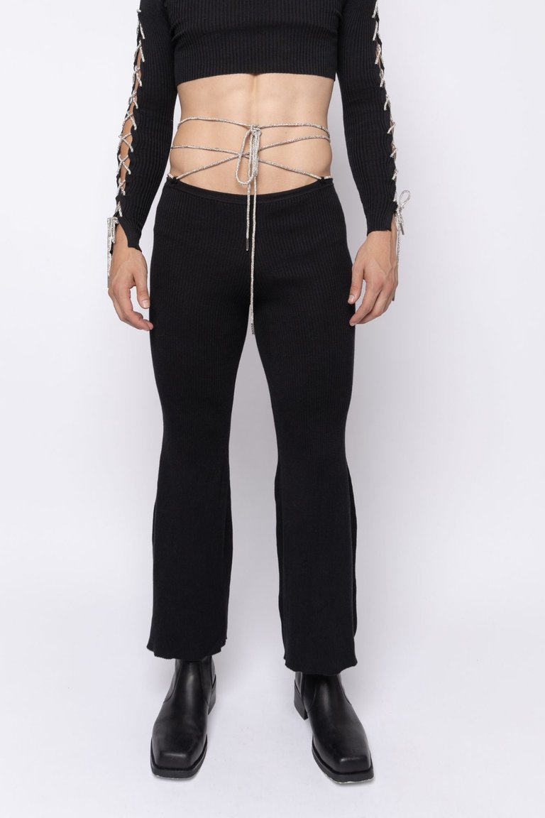 Rhinestone Lace Up Flare Pants - Black