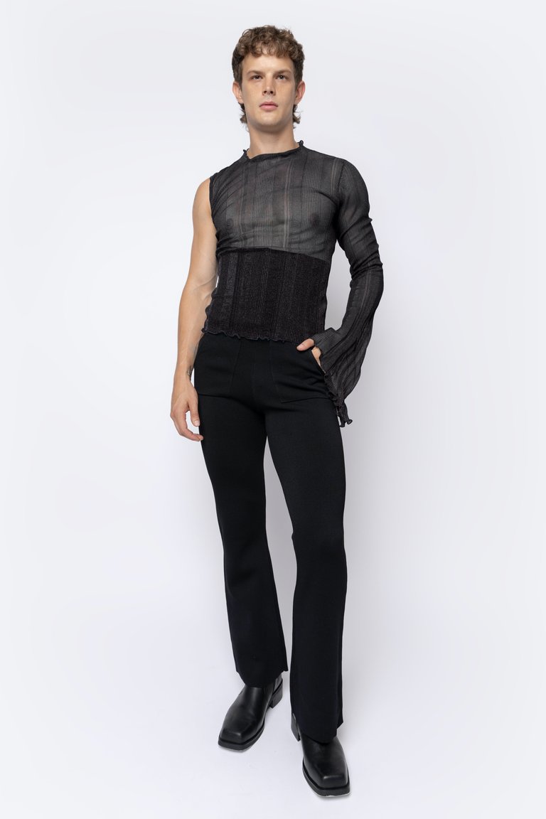 Sheer Knit One Sleeve Top - Black