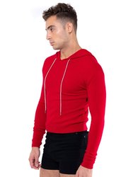 Wool Cropped Hoodie With Rhinestone Drawstring - Red