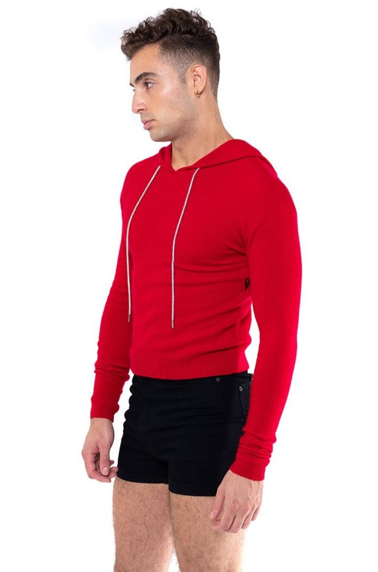 Wool Cropped Hoodie With Rhinestone Drawstring - Red