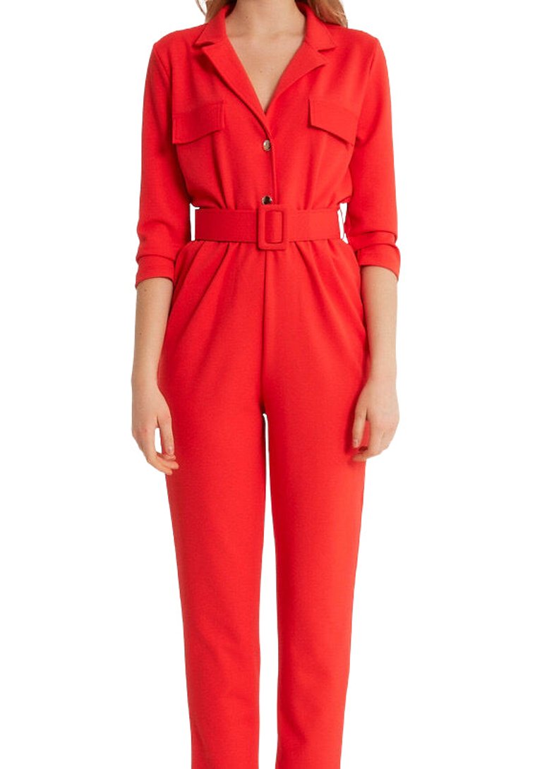 Ankle Length Pockets Jumpsuit - Red