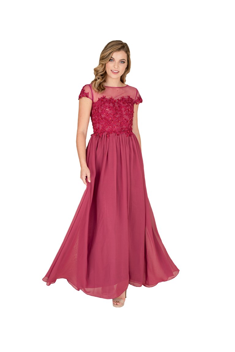 Chiffon Flare Formal Gown - Rose Red