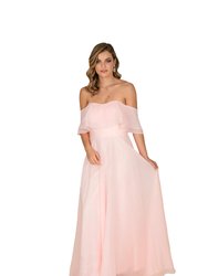 Chiffon Off-the- Shoulder Flare Dress - Pastel Pink