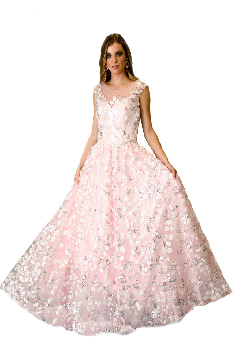 Illusion Neck Floor-length Flare Gown - Pink