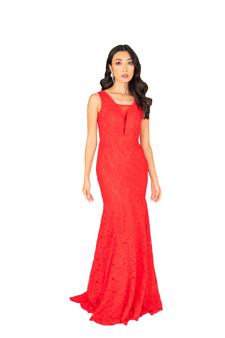 Illusion Sweetheart Neck Lace Formal Gown - Red