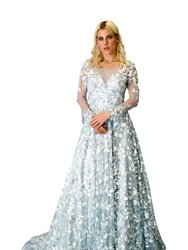 Train Ostrich Feathers Gown - Blue/White