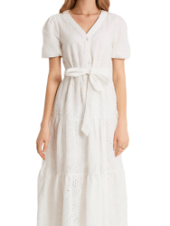 Women's Eyelet Ruffle Midi Dress - White