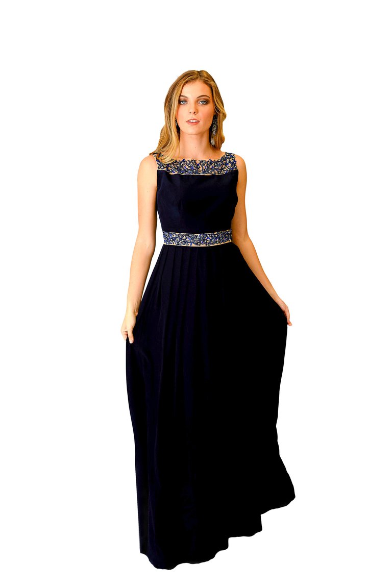 Womens Formal Boat Neck Gown - Navy