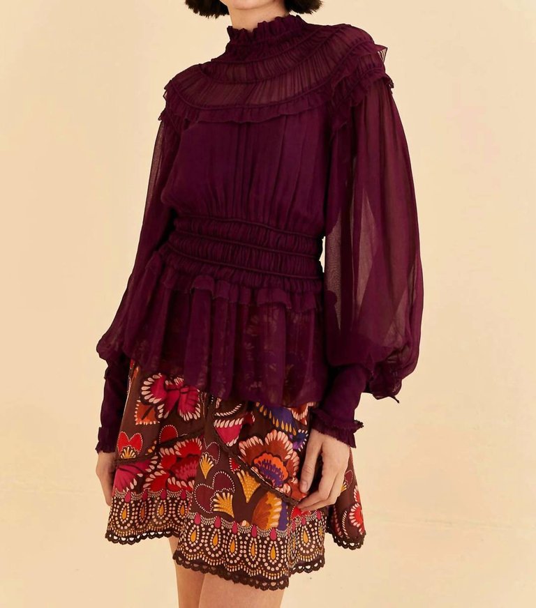 Ruffle High Neck Blouse In Burgundy - Burgundy