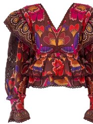 Women Bright Flora Brown Ruffle V-Neck Top Blouse Multi - Multicolor