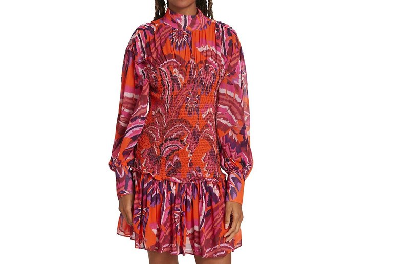 Women Chevron Forest Orange Long Sleeve Smocked Mini Dress - Multicolor